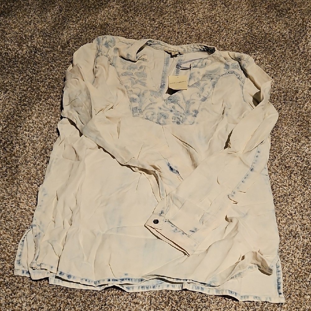 Lucky Brand Cream and Blue Embroidered Top